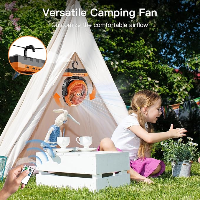 FRIZCOL 3-in-1 Camping Fan - Portable Fans Rechargeable - 24000mAh Battery Powered Fan(105Hrs) with Light & Remote for Indoor, Outdoor, Tent, Travel, Fishing, Jobsite, Gifts for Men Dad Him - Orange
