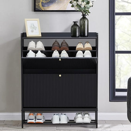 RARZOE Fluted Shoe Cabinet for Entryway with 2 Flip Drawers, Narrow Wood Shoe Cabinet with Fluted Panel, Slim Hidden Shoe Organizer Closed Shoe Rack with Metal Legs for Foyer,Hallway(31.5''Black)