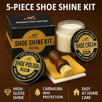 Eagle Shoe Shine Kit – 5-Piece Leather Shoe Polish & Cream Set with Brush & Cloths