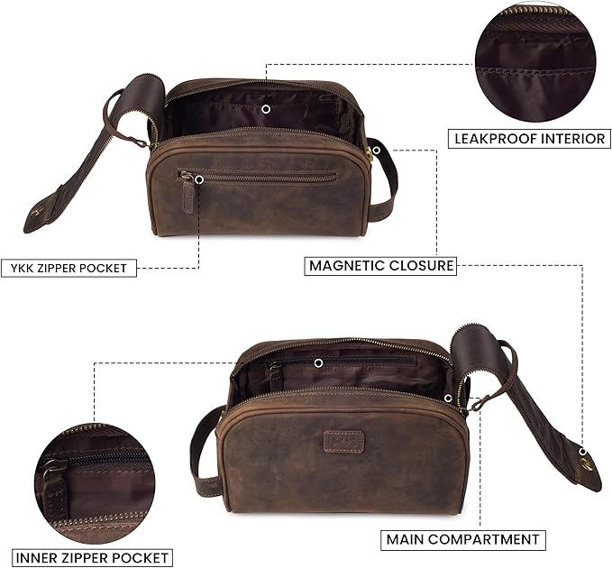 mds Genuine Leather Toiletry Bag for Men - Rustic Classic Vintage Handcrafted Full-Grain Leather Travel Dopp Kit with Waterproof Lining & Handle, Shaving & Grooming Kit Organizer Pouch - Rustic Brown