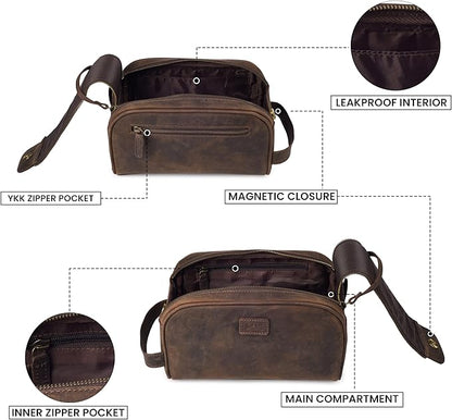 mds Genuine Leather Toiletry Bag for Men - Rustic Classic Vintage Handcrafted Full-Grain Leather Travel Dopp Kit with Waterproof Lining & Handle, Shaving & Grooming Kit Organizer Pouch - Rustic Brown