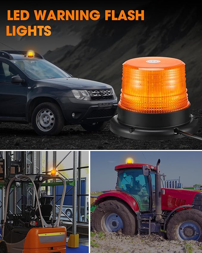 Leelosp 3 Pack 60 LED Amber Beacon Strobe Lights, 12v-24v Amber Warning Safety Flashing Beacon Strobe Light with Magnetic and 16ft Straight Cord for Truck Vehicle Forklift Tractor Golf Carts Utv Car