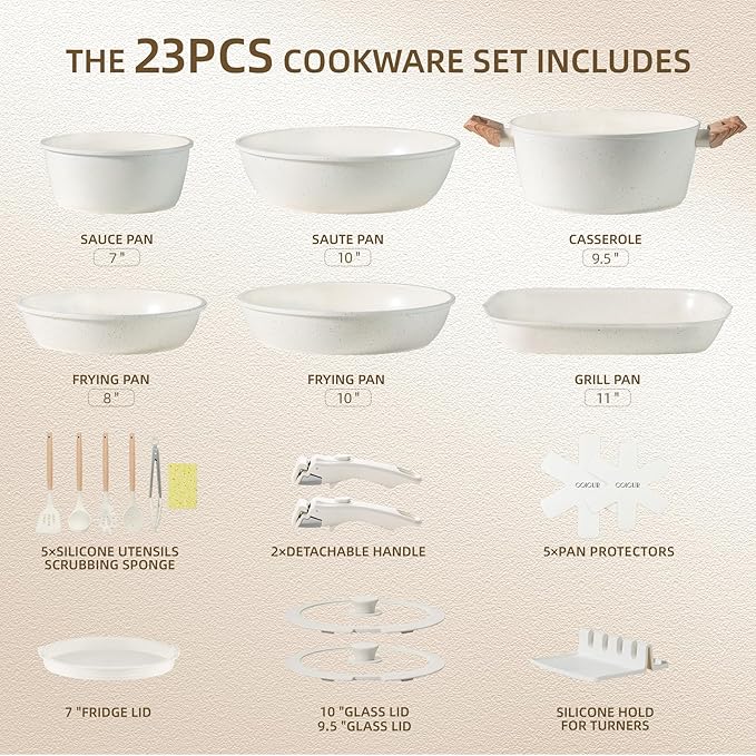 23PCS Ceramic Pots and Pans Set,Nonstick, Removable Handle Pots and Pans Set, Stackable Pan Set, Ceramic Nonstick Pan Non Stick for Easy Cooking