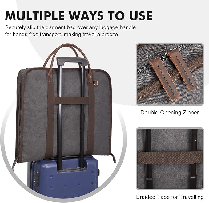 S-ZONE Carry on Garment Bag for Business Travel Canvas Leather Men Suit Cover
