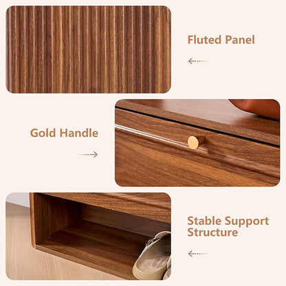 ORRD Shoe Storage Cabinet with 2 Flip Drawers Set of 2, Wood Narrow Shoe Cabinet for Entryway, Fluted Hidden Shoe Organizer, Freestanding Slim Shoes Cabinets for Foyer, Hallway-Walnut