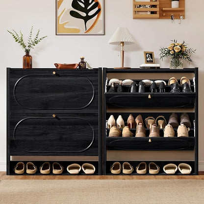 ORRD Shoe Storage Cabinet with 2 Flip Drawers Set of 2, Wood Narrow Shoe Cabinet for Entryway, Fluted Hidden Shoe Organizer, Freestanding Slim Shoes Cabinets for Foyer, Hallway-Black