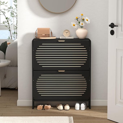 Wood Shoe Storage Cabinet with 2 Flip Drawer, Mid-Century Modern Shoe Cabinet Arched Fluted Pattern, Hidden Narrow Curved Corner Shoe Organizer for Entryway, Living Room (Black, No-Divider)