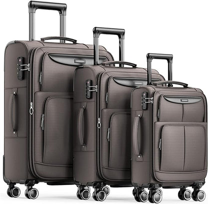 SHOWKOO Luggage Sets 3 Piece Softside Expandable Lightweight Durable Suitcase Sets Double Spinner Wheels TSA Lock Light Coffee (20in/24in/28in)