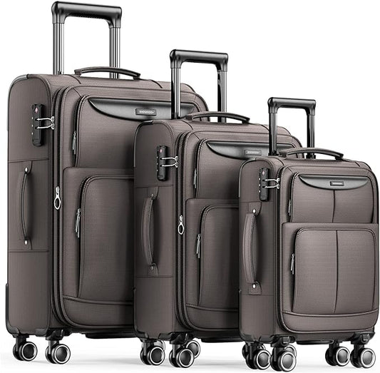 SHOWKOO Luggage Sets 3 Piece Softside Expandable Lightweight Durable Suitcase Sets Double Spinner Wheels TSA Lock Light Coffee (20in/24in/28in)