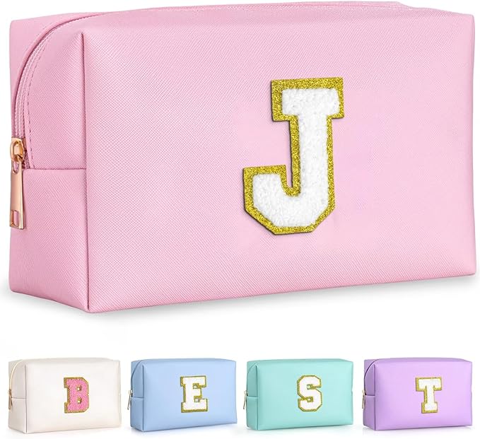 TOPEAST Birthday Gifts for Girls, Travel Makeup Bag Chenille Letter Pouch Cosmetic Bag, Makeup Travel Organizer, Monogrammed Bridesmaid Gifts for Women, Cute Stuff for Girls (Pink J)