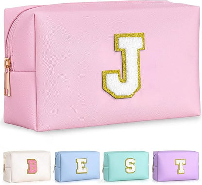 TOPEAST Birthday Gifts for Girls, Travel Makeup Bag Chenille Letter Pouch Cosmetic Bag, Makeup Travel Organizer, Monogrammed Bridesmaid Gifts for Women, Cute Stuff for Girls (Pink J)