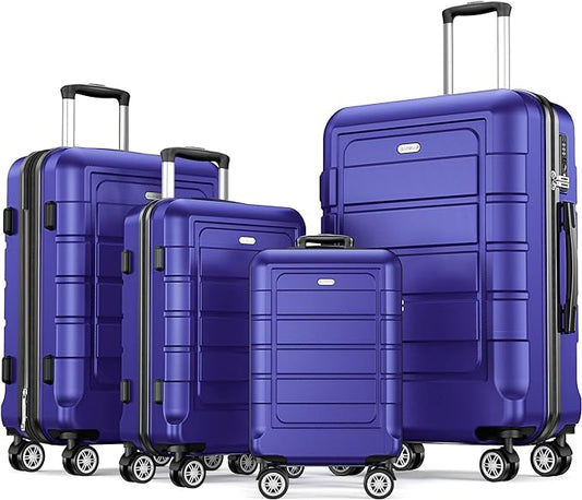 SHOWKOO Luggage Sets Expandable PC+ABS Durable Suitcase Sets Double Wheels TSA Lock 4 Piece Luggage Set Royal Blue