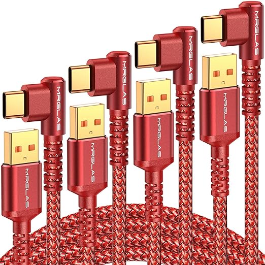 MRGLAS 3.2A USB C Charger Cable,[4-Pack,10+6.6+3.3+1.6FT] USB A to USB C Right Angle Gold-Plated Type C Charger Fast Charging Durable Braided Cord for iPhone 17 16 15 Samsung S10 Note 10 S21 LG-Red