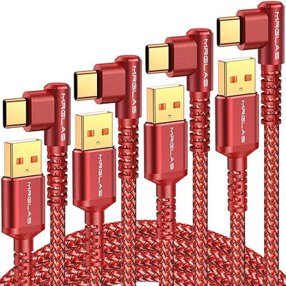 MRGLAS 3.2A USB C Charger Cable,[4-Pack,10+6.6+3.3+1.6FT] USB A to USB C Right Angle Gold-Plated Type C Charger Fast Charging Durable Braided Cord for iPhone 17 16 15 Samsung S10 Note 10 S21 LG-Red