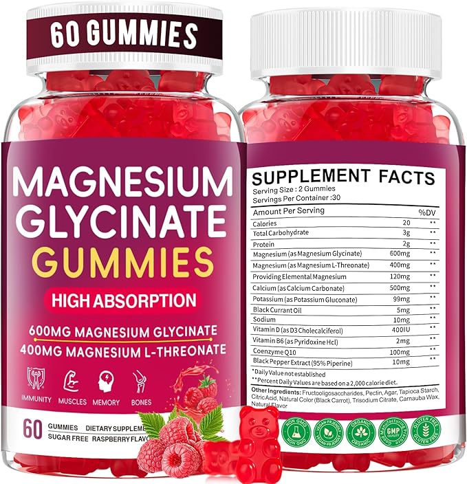 Magnesium Glycinate Gummies 600mg, High Absorption Magnesium Gummies with L-Threonate, Calcium, Vitamin B6, Sugar Free Chews for Adults & Kids Relaxation, Stress Relief Raspberry (60 Count)