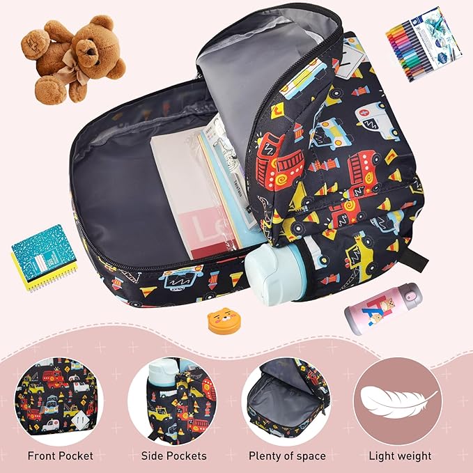 Little Kids Backpack for Girls Boys - 15 Inch Preschool Kindergarten Backpack Cute Car Patterns School Bag for Aged 3-8, Black