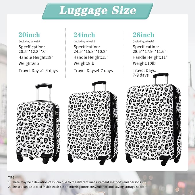 Merax Suitcase Set, Hardshell Luggage Sets 3 Piece with Spinner Wheels, Expandable Durable Suitcase with TSA Lock Lightweight 20" 24" 28", White+Black Leopard
