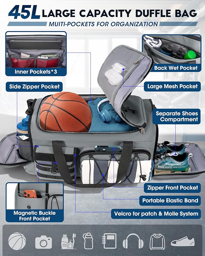 SDYSM Gym Bag for Men 45L Sports Duffel Bags 3-in-1 Travel Duffel Bag with Shoe Compartment, Gym Workout Backpack Carry On Weekender Bag Overnight Bag for Travel, Grey
