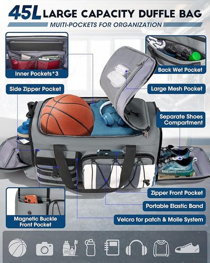 SDYSM Gym Bag for Men 45L Sports Duffel Bags 3-in-1 Travel Duffel Bag with Shoe Compartment, Gym Workout Backpack Carry On Weekender Bag Overnight Bag for Travel, Grey