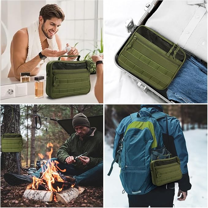 Tactical Toiletry Bag for Men, Travel Hanging Toiletry Bags, Toiletries Organizer Dopp Kit, Travel Cosmetic Bag,Shaving Hygiene Bag, Bathroom Essentials Men's Toiletry Bag for Camping - Army Green