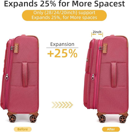LARVENDER Luggage Sets 4 Piece, Softside Carry On Luggage Suitcase Set with 360° Spinner Wheels for Women Men(28/24/20/18) Rose Red