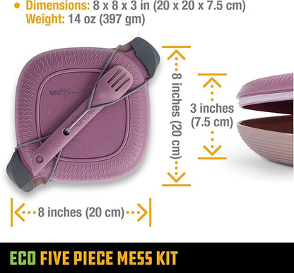 UCO Recycled ECO 5-Piece Camping Mess Kit with Bowl, Plate, Switch Spork Utensil Set