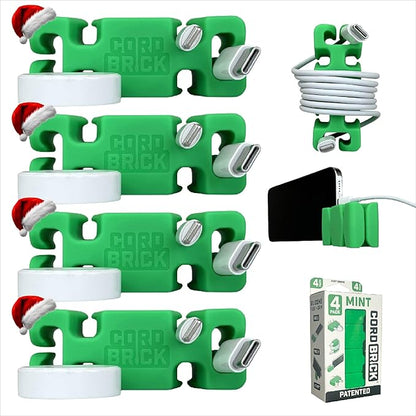 CordBrick Stocking Stuffers for Adults Cord Management Weighted Cord Holder Cable Wrap Phone Stand - Multiuse Gadget Organizer for Nightstand, Desk. Gift for Men, Durable Silicone. 4pk Green
