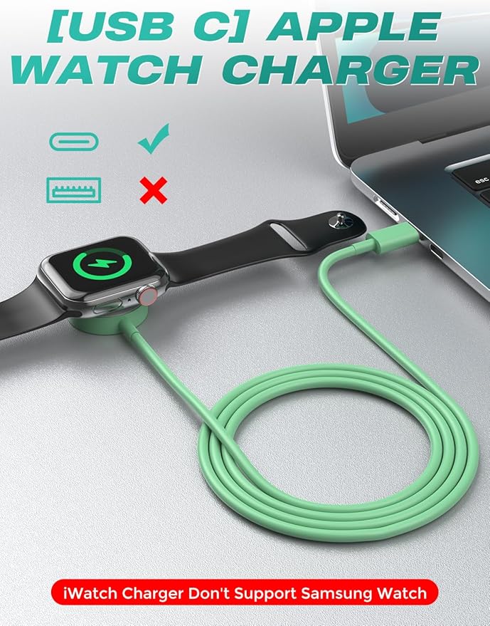 2Pack USB C for Watch Charger Magnetic Charger Wireless Portable Compatible with Watch Ultra2 Ultra Series 10/9/8/7/6/SE/SE2/5/4/3/2/1-[1m/Green]