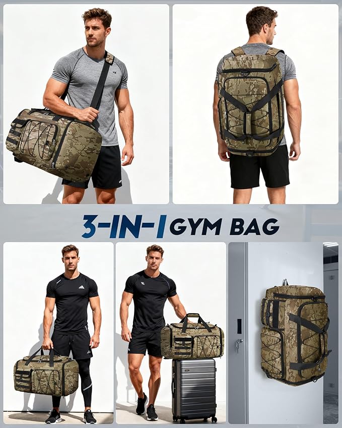 SDYSM Gym Bag for Men 45L Sports Duffel Bags 3-in-1 Travel Duffel Bag with Shoe Compartment, Gym Workout Backpack Carry On Weekender Bag Overnight Bag for Travel, KhakiCamouf