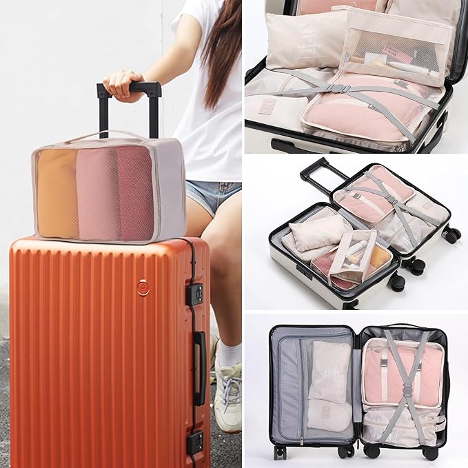 Packing Cubes Storage Bags 11 Pieces-Luggage Organizers Classify Store Clothing Efficiently for Travel Outdoor Home (Beige, 11 Pieces)