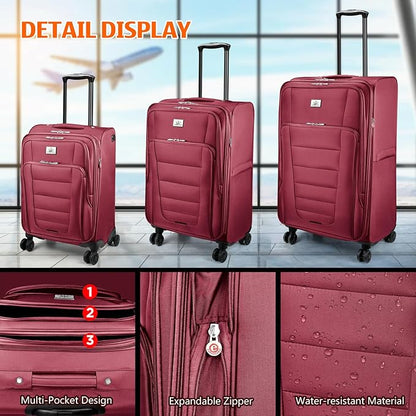 Verdi Softside Expandable Carry-On Luggage with Spinner Wheel USB Port Lightweight (Burgundy, 20-Inch Carry-On)