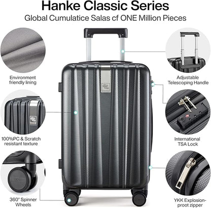 Hanke 20 Inch Carry On Luggage 22x14x9 Airline Approved Lightweight PC Hard Shell Suitcases with Wheels Travel Luggage Rolling Suitcase Travel Luggage Bag for Weekender(Jet Black)