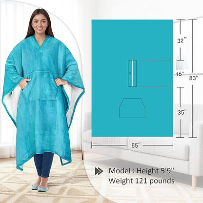 Catalonia Sherpa Wearable Blanket Poncho for Adult Women Men, Wrap Blanket Cape with Pocket, Warm, Soft, Cozy, Snuggly, Comfort Gift, No Sleeves, Aqua