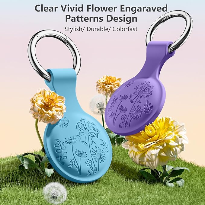 Lerobo Flower Engraved 4 Pack for Airtag Holder,Silicone Airtag case Compatible with Apple Air Tag Case with Keychain, Shockproof & Dustproof Airtag Holders for Pet Tracking, Bags, Kids, Keys, Luggage