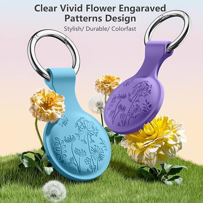 Lerobo Flower Engraved 4 Pack for Airtag Holder,Silicone Airtag case Compatible with Apple Air Tag Case with Keychain, Shockproof & Dustproof Airtag Holders for Pet Tracking, Bags, Kids, Keys, Luggage