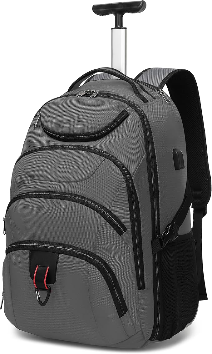Boavan Rolling Backpack,17 inch Water Resistant Wheeled Backpack,Carry on Luggage Business Bag, Overnight College Computer bag Trolley Suitcase for Men Women Adults to Travel，Grey