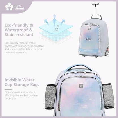 NEW TILAMI 20" Rolling Backpack for Teens Adults, Climbing Stairs Waterproof Backpack with Wheels for School Business Trave Camping with Laptop Compartment, Fit 17 Inch Laptop, Pink Blue