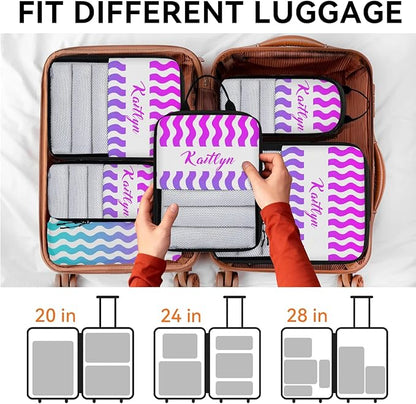 Custom 6 Set Compression Packing Cubes with Name Striped Personalized Compressible Expandable Packing Organizers Luggage Carry On Suitcase Bags Travel Accessories Gifts, Blue Purple
