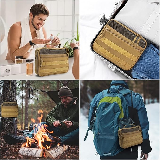 Tactical Toiletry Bag for Men, Travel Hanging Toiletry Bags, Toiletries Organizer Dopp Kit, Travel Cosmetic Bag,Shaving Hygiene Bag, Bathroom Essentials Men's Toiletry Bag for Camping - Khaki