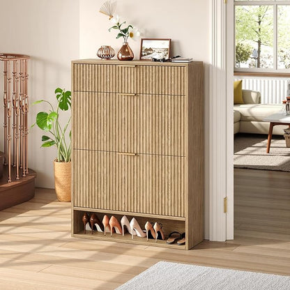 31.5''W Oak Shoe Storage Cabinet for Entryway with Drawers, Fluted Slim Shoe Cabinet with 2 Flip Drawers, Narrow Shoe Dresser Cabinet for Foyer, Hallway
