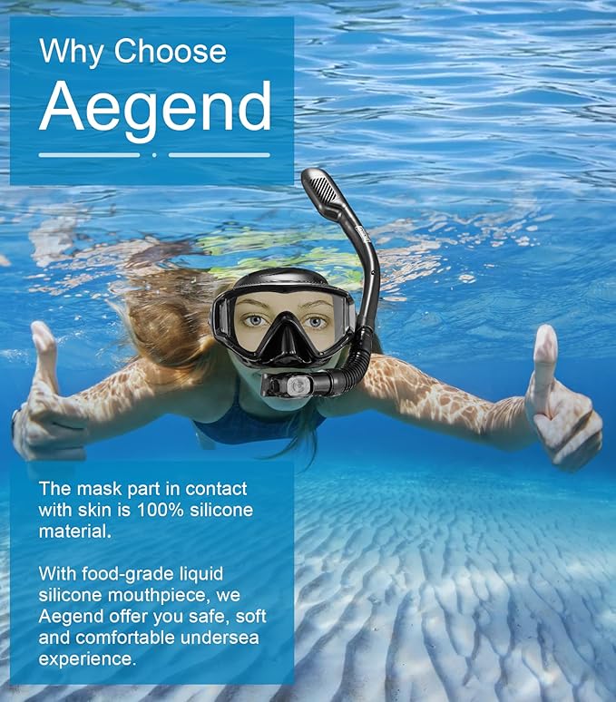 Aegend Snorkeling Gear for Adults Youth Kids, Dry Snorkel Set Panoramic View Enhanced Anti-Leak and Anti-Fog Technology, Adjustable Strap for Snorkeling Scuba Diving Swimming with Mesh Bag