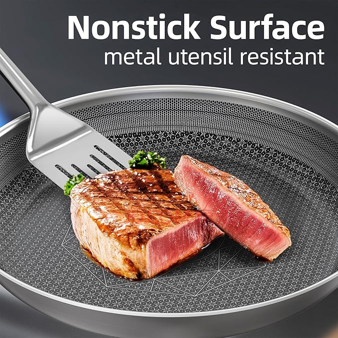 COOKER KING Stainless Steel Pans Set of 3 (8+10+12 Inch), Nonstick Frying Pans, Induction Pan Set, Chef's Pan, Skillets Dishwasher & Oven Safe, Stay-Cool Handles, Compatible with All Cooktops