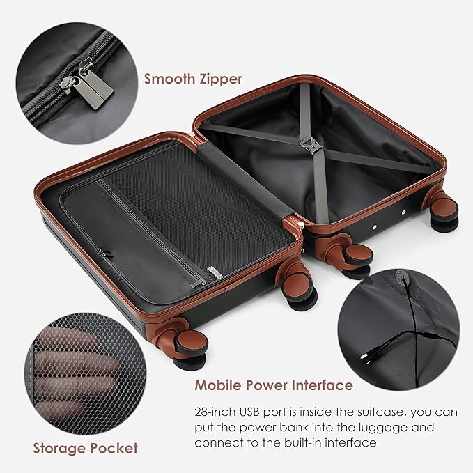 Merax Luggage Set of 3, 20, 24, 28inch with USB Port, 20, 24inch with front opening design Airline Certified Carry on Luggage, ABS Hard Shell Luggage with Spinner Wheels, ABS+black and brown