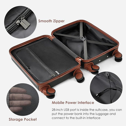 Merax Luggage Set of 3, 20, 24, 28inch with USB Port, 20, 24inch with front opening design Airline Certified Carry on Luggage, ABS Hard Shell Luggage with Spinner Wheels, ABS+black and brown