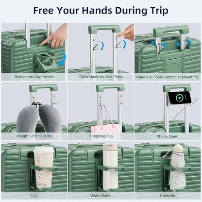 Hard Shell Suitcases Travel Expandable Luggage, 24 Inch Check in Luggage with Spinner Wheels Cup Holder Charger Built in, Checked Medium Suitcase Lightweight Suitcases, Forest Green