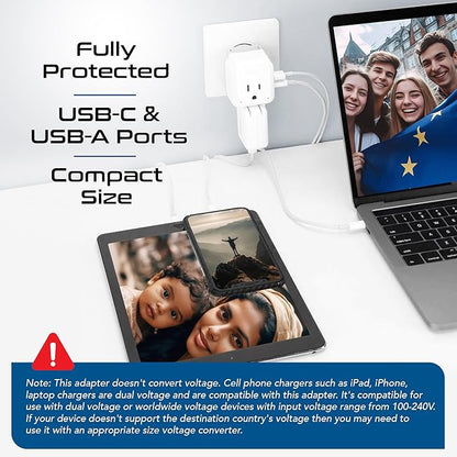 Ceptics International Power Plug Adapter Travel Set, 20W PD & QC, Safe Dual USB & USB-C 3.1A - 2 USA Outlet - Compact - Use Europe, Asia, Africa In Worldwide - Includes 13 Type SWadAPt Attachments