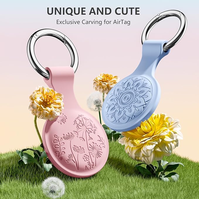 Lerobo Flower Engraved AirTag Holder Compatible with Apple AirTags 4 Pack for Kids Soft Silicone AirTag Case with Keychain Protective Air Tags Dog Collar Cute Air Tag Holder for Bags Keys Trackers