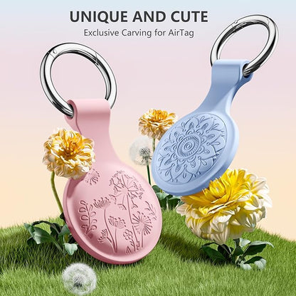 Lerobo Flower Engraved AirTag Holder Compatible with Apple AirTags 4 Pack for Kids Soft Silicone AirTag Case with Keychain Protective Air Tags Dog Collar Cute Air Tag Holder for Bags Keys Trackers