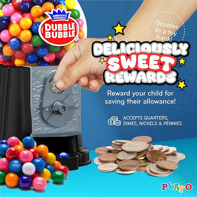 Gumball Machine Halloween Candy - for Kids 8.5" - Coin Operated Toy Bank - Dubble Bubble Gum Machine Classic Red Style Includes 85 Gum Balls - Kids Coin Bank - Candy Dispenser - (Black) - Playo