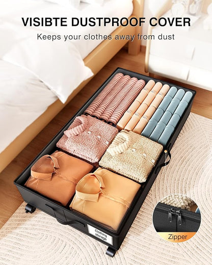 Under Bed Storage with Wheels,2Pack Underbed Shoe Storage Organizer,7.5-10.6 inchTall Adjustable Storage for Underbed with Lids,65L Extra large capacity for Clothes, Blankets,Shoes